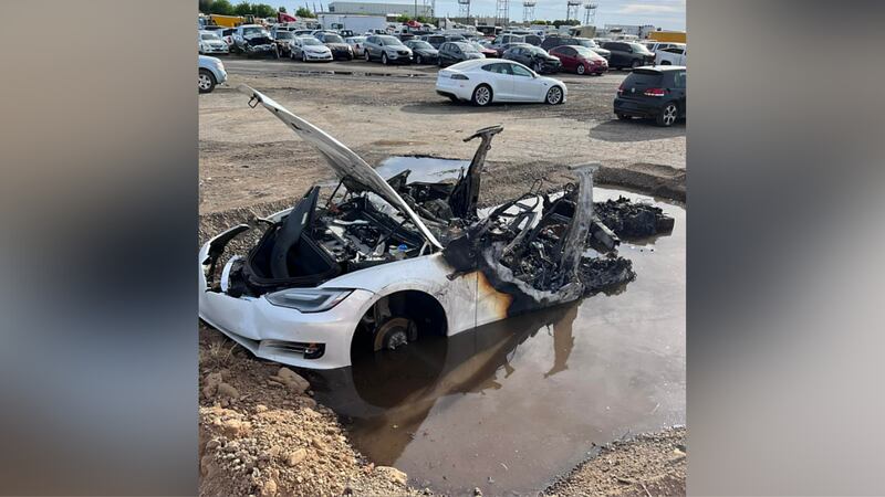 Firefighters in California used about 4,500 gallons of water to extinguish a Tesla fire that...
