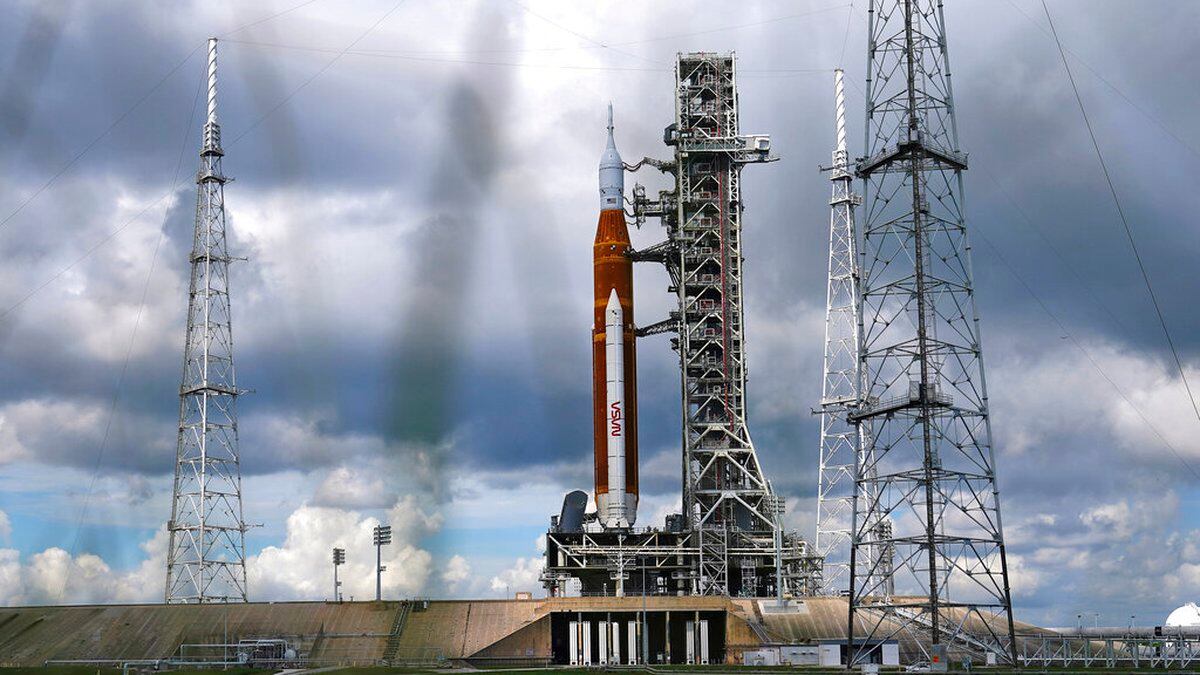 The Artemis 1 rocket stands ready on Launch Pad 39-B at the Kennedy Space Center, Friday, Aug....