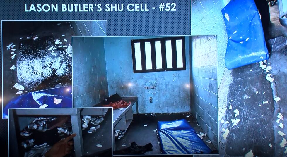 These images from the presentation show the conditions in Butler's cell at the time of his death.