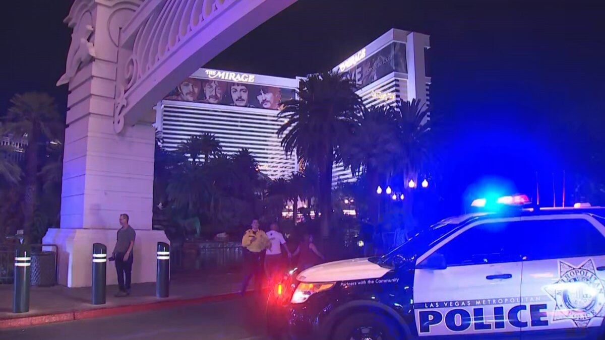 A heavy police presence is seen at Mirage Hotel following a shooting Thursday night.