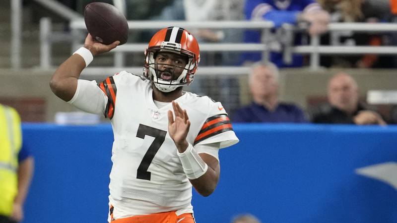 Cleveland Browns quarterback Jacoby Brissett throws during the first half of an NFL football...