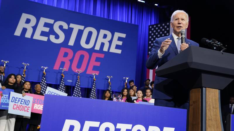 President Joe Biden speaks about abortion access during a Democratic National Committee event...