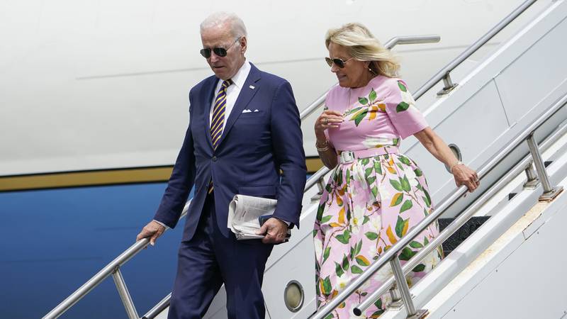 President Joe Biden and first lady Jill Biden arrive at Joint Base Charleston, S.C., Wednesday,...