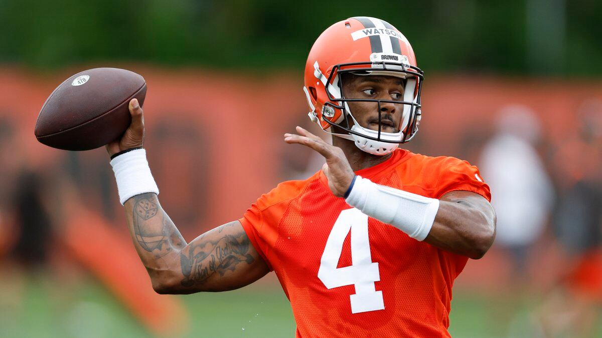 Cleveland Browns quarterback Deshaun Watson takes part in drills at the NFL football team's...