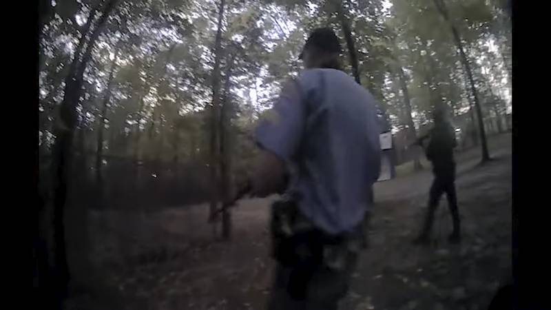 This screengrab of body camera footage provided by the Raleigh, N.C., Police Department shows a...