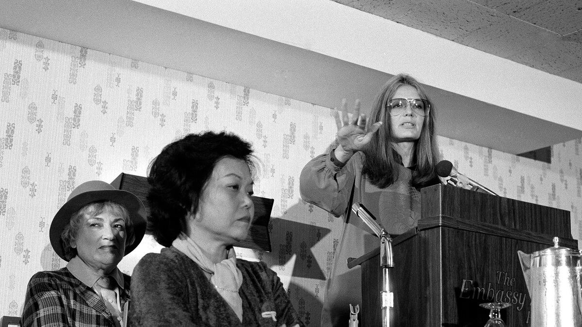 FILE - In this Nov. 21, 1979 file photo, Bella Abzug, left, and Patsy Mink of Women USA sit...