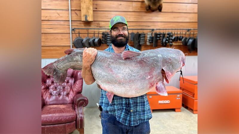 Christopher Halley caught a 104-pound blue catfish in the Mississippi River. setting a new...