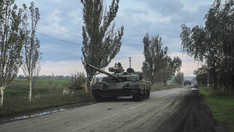 FILE - Ukrainian servicemen drive a tank on the way to Siversk, Donetsk region, Ukraine,...