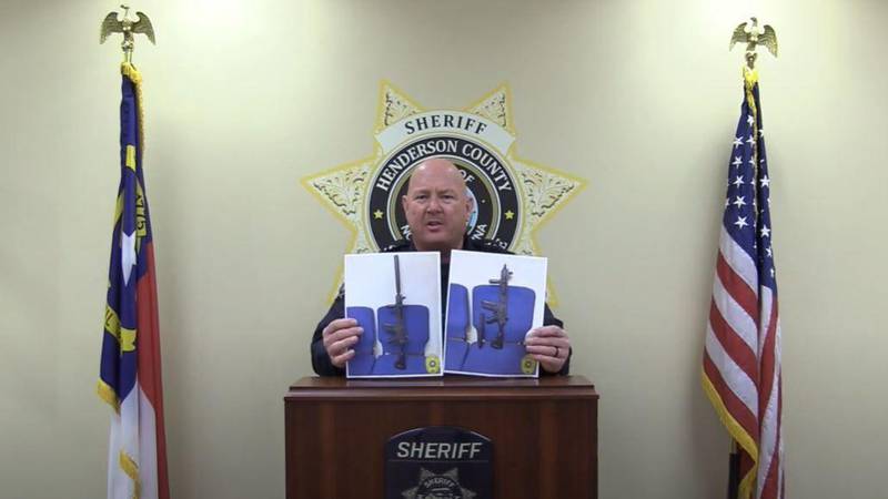The sheriff held up images of one of the gel blaster guns that looks like a semi-automatic rifle.