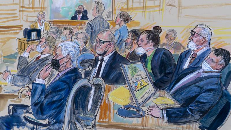 This artist sketch depicts the trial of Oath Keepers leader Stewart Rhodes and four others...