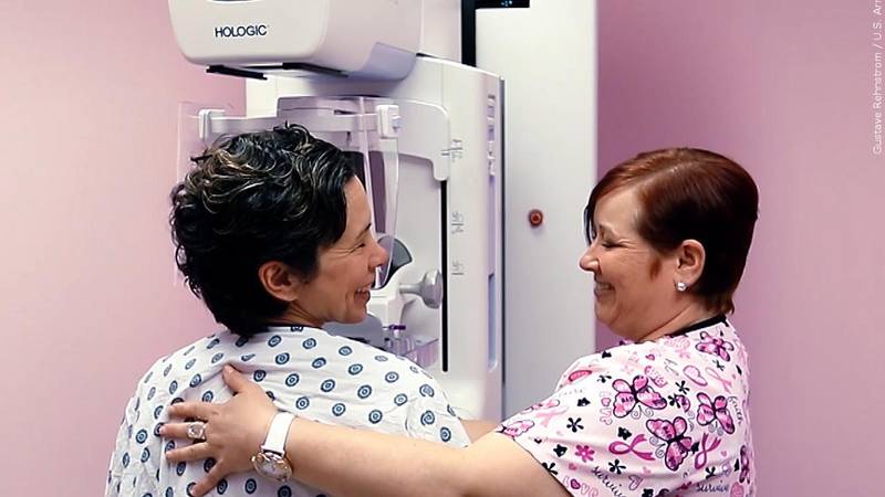 This photo shows a woman getting a mammogram. A new study is reassuring for women who are...