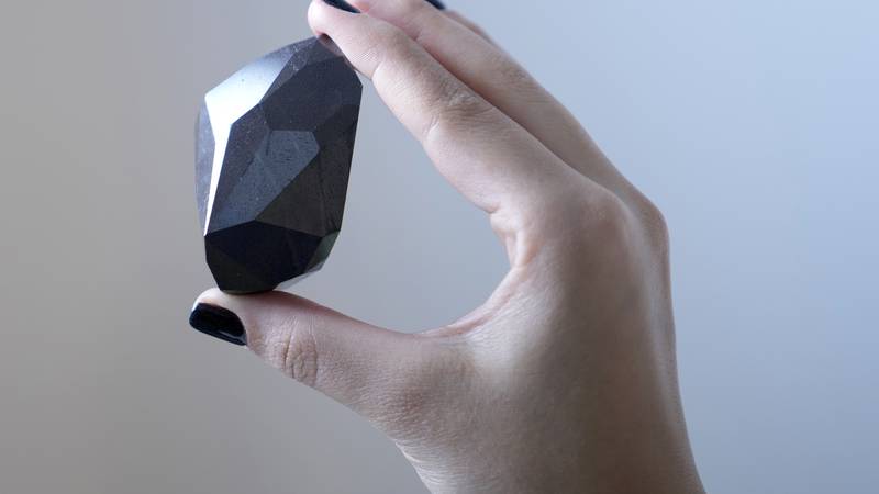 An employee of Sotheby's Dubai presents a 555.55 Carat Black Diamond "The Enigma" to be...