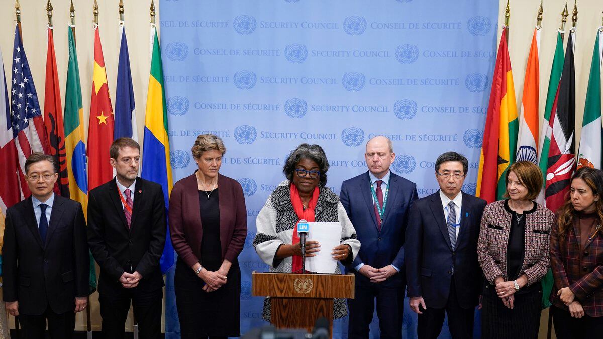 United States Ambassador to the United Nations Linda Thomas-Greenfield, center, makes a...