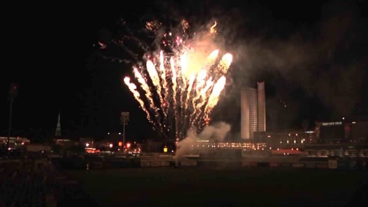 Fireworks are launched from the outfield at Parkview Field.