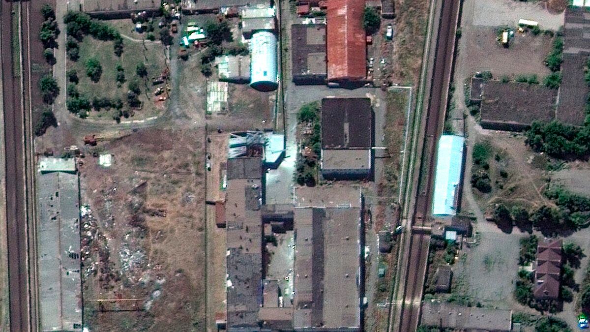In this satellite photo provided by Maxar Technologies, a view of the Olenivka detention...