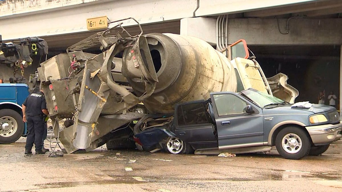 A toddler is dead in Houston after a cement truck went off an overpass and landed on the...