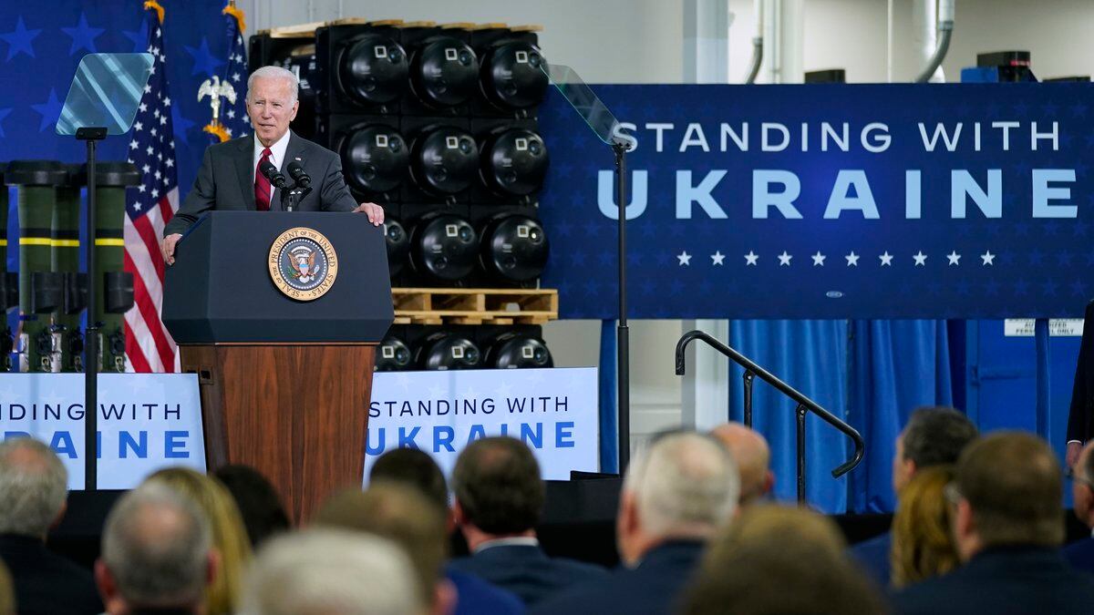 President Joe Biden speaks on security assistance to Ukraine during a visit to the Lockheed...