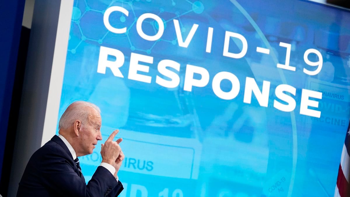 President Joe Biden speaks about the government's COVID-19 response, in the South Court...