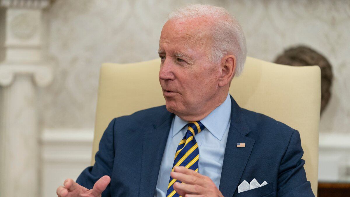 President Joe Biden speaks during a meeting with South African President Cyril Ramaphosa in the...