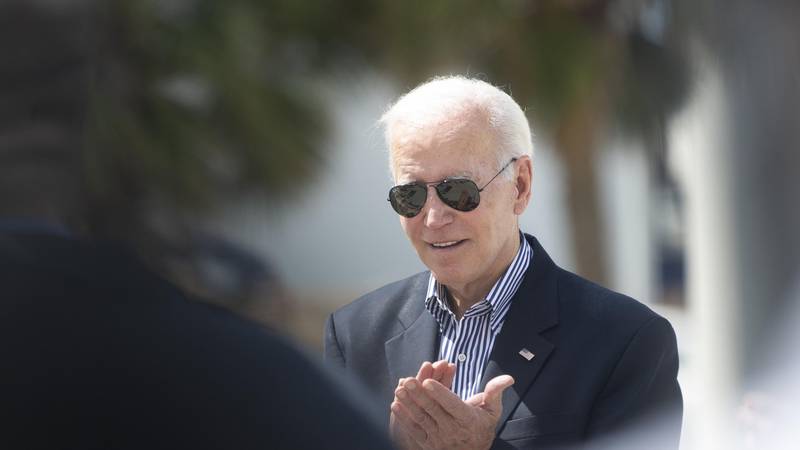 President Joe Biden visits Fisherman's Wharf at Fort Myers Beach, Fla., Wednesday, Oct. 5,...