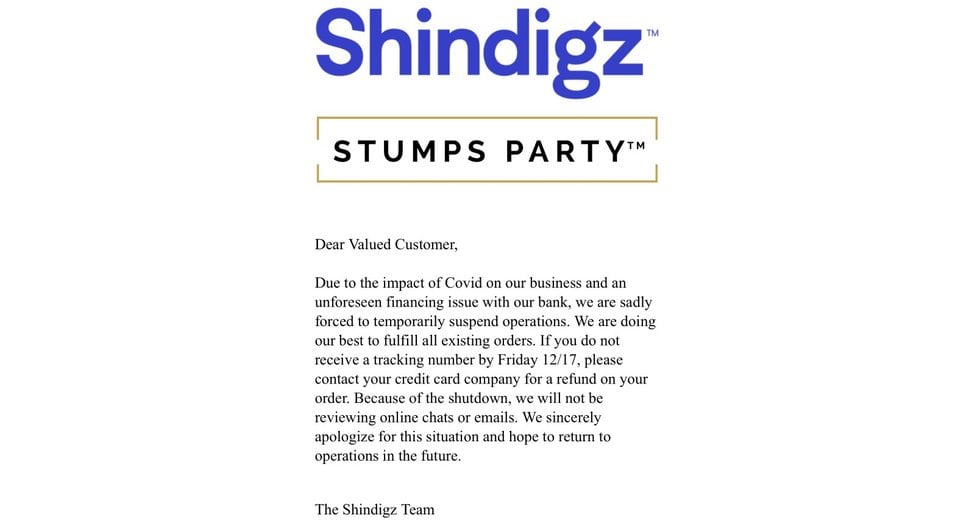 An online post from Shindigz says the company has "temporarily suspended operations."