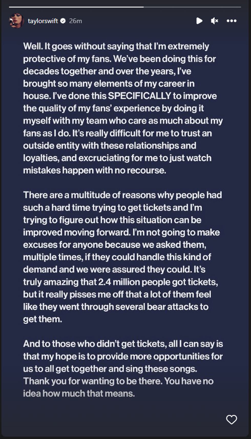 Taylor Swift wrote this on her Instagram story Friday morning in response to the Ticketmaster...