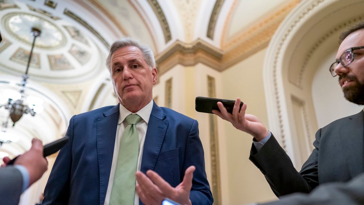 FILE - House Minority Leader Kevin McCarthy, R-Calif., talks to reporters at the Capitol in...