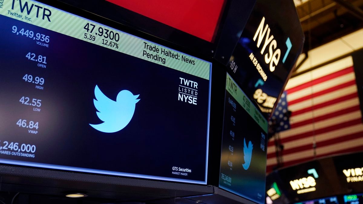 The symbol for Twitter appears above a trading post on the floor of the New York Stock...