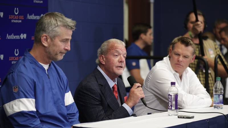 Indianapolis Colts owner Jim Irsay, middle, speaks during a news conference after the team's...
