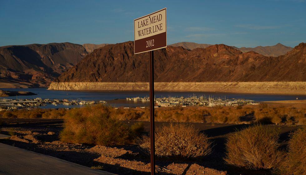 A sign marks the water line from 2002 near Lake Mead at the Lake Mead National Recreation Area,...