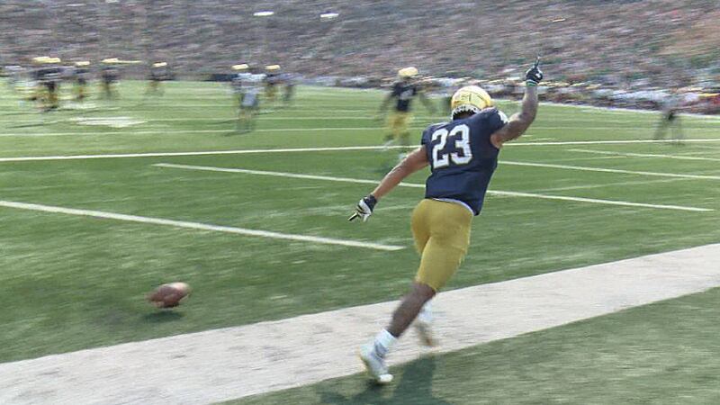 Notre Dame running back Kyren Williams celebrates after scoring at Notre Dame Stadium.