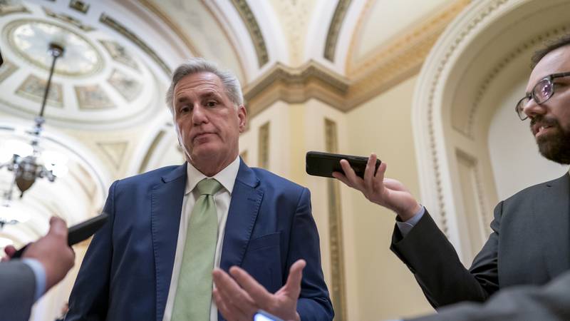 FILE - House Minority Leader Kevin McCarthy, R-Calif., talks to reporters at the Capitol in...
