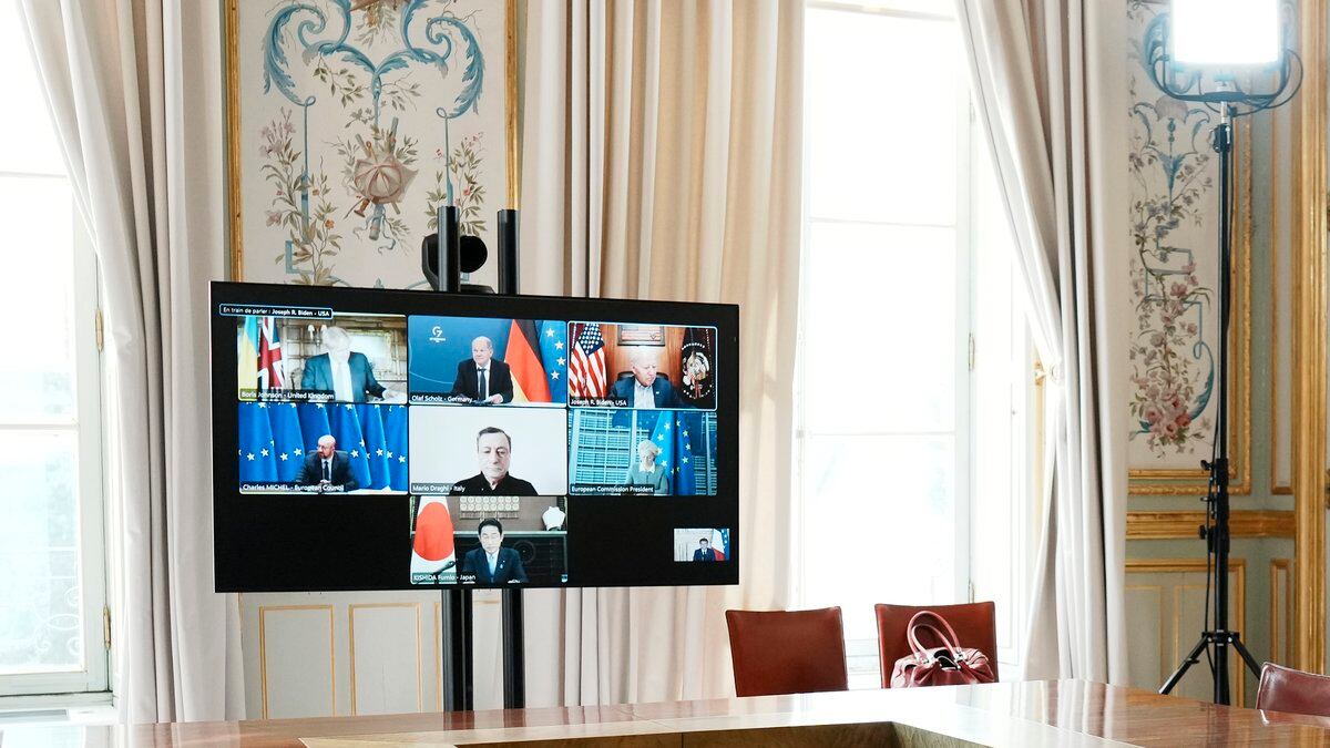 A general view of the video screen of G7 leaders during a video-conference on Ukraine at the...