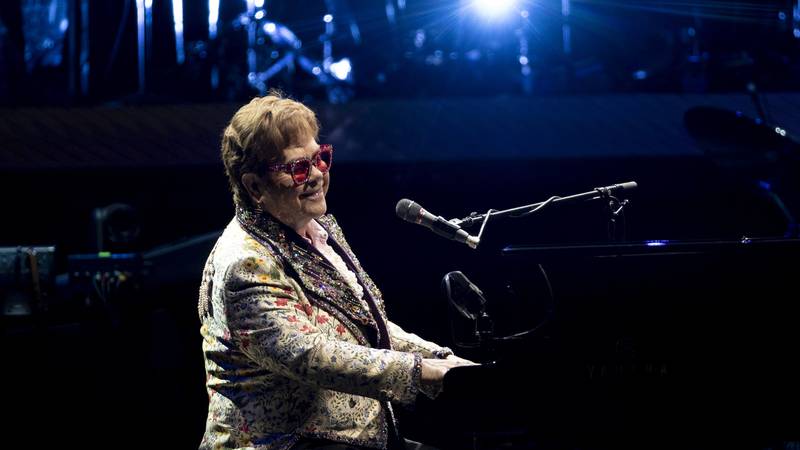 Elton John performs during the "Farewell Yellow Brick Road" tour on Wednesday, Jan. 19, 2022,...