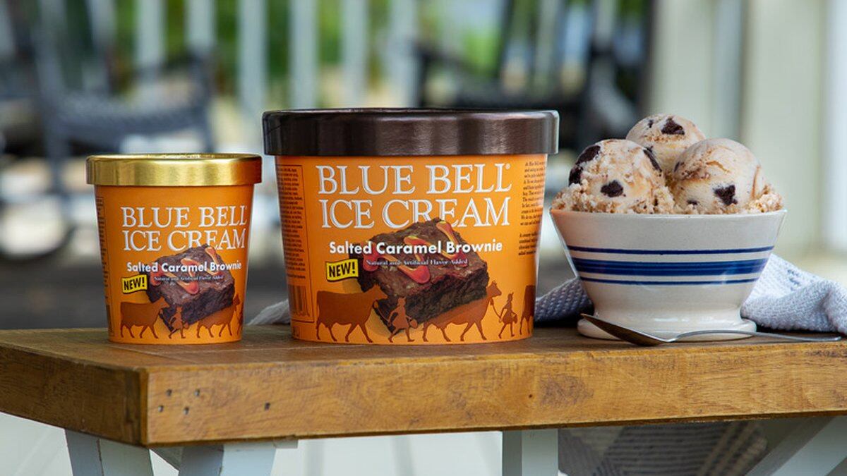 Blue Bell's Salted Caramel Brownie is available in the half gallon and pint sizes while...