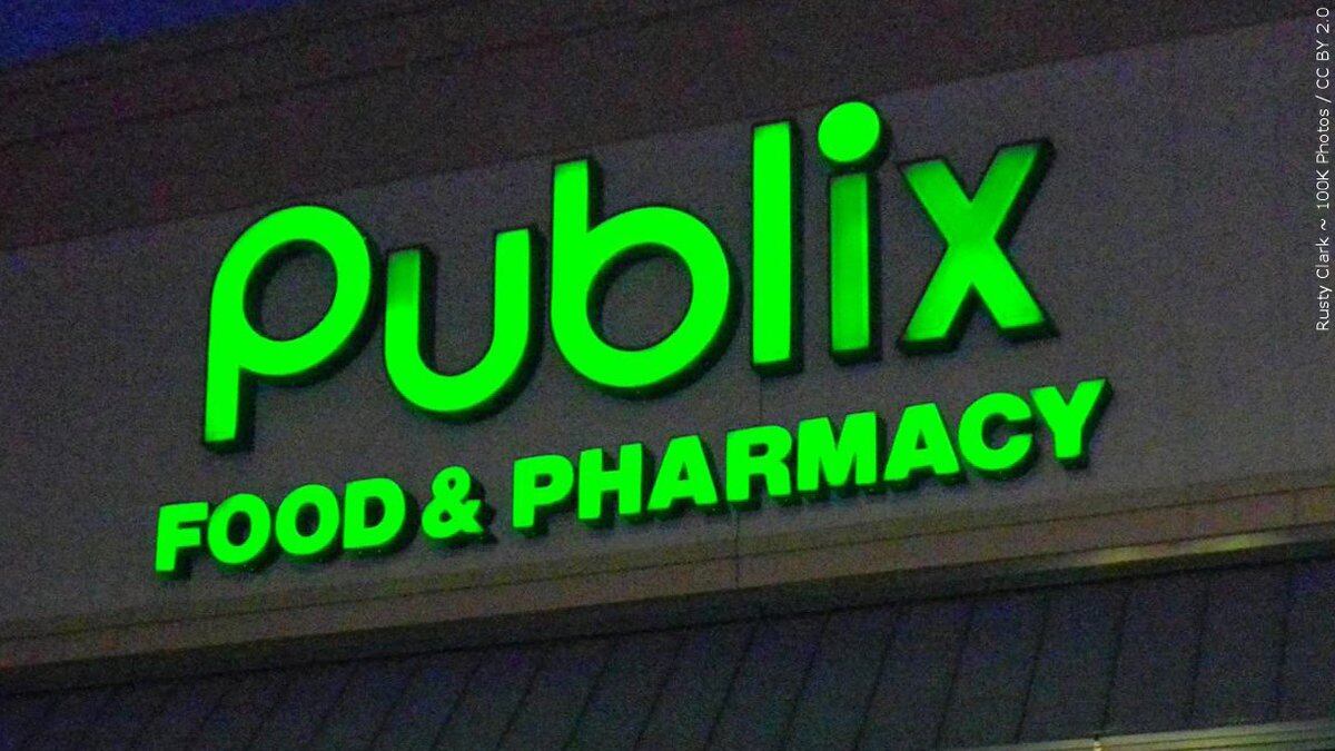 FILE - A sign on the outside of a Publix grocery store is seen in this file photo.