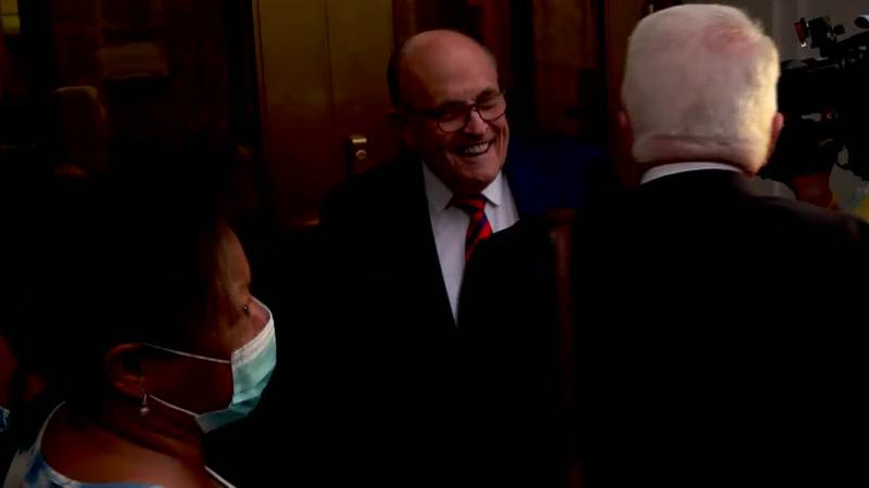 Rudy Giuliani appears at a Fulton County, Georgia, courthouse on Wednesday ahead of giving...