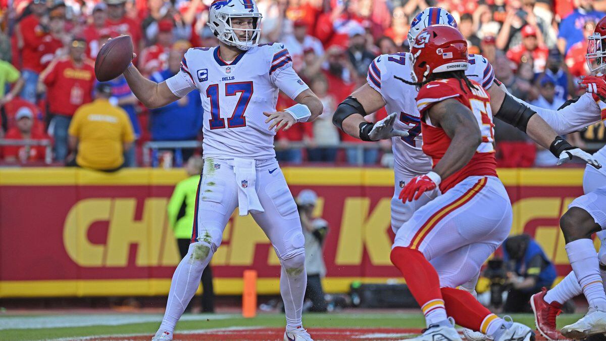 Buffalo Bills quarterback Josh Allen (17) throws a pass during an NFL football game against the...
