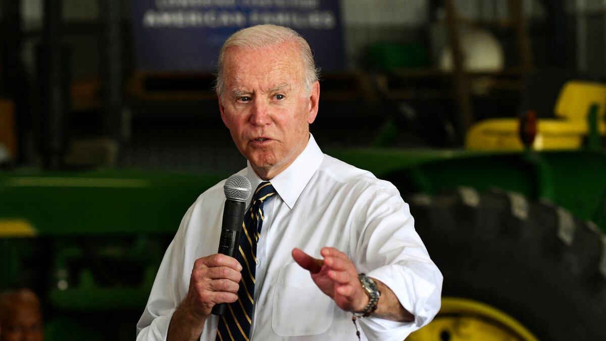 FILE - President Joe Biden speaks during a visit to Jeff O'Connor's farm in Kankakee, Ill.,...