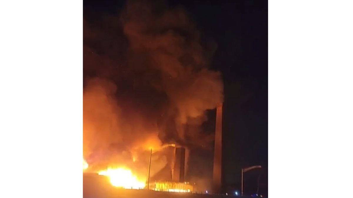 This image from video provided by Mikey B shows a fire near a New Jersey chemical plant,...
