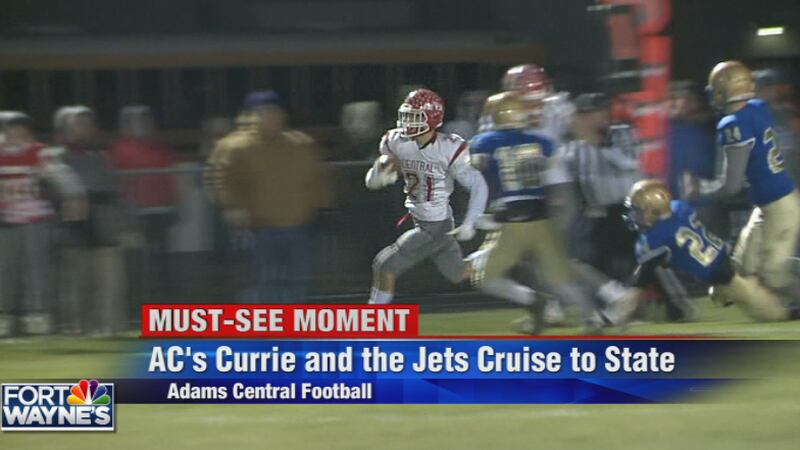 Adams Central's Alex Currie runs wild in the Jets, 42-7, semi-state victory at North Judson.
