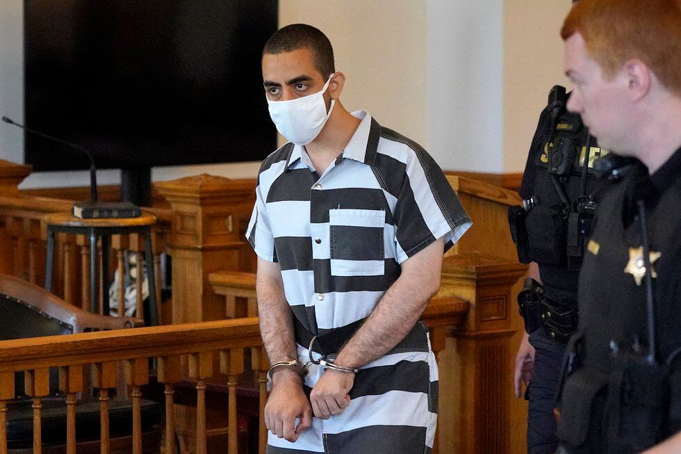 FILE - Hadi Matar, 24, center, arrives for an arraignment in the Chautauqua County Courthouse...