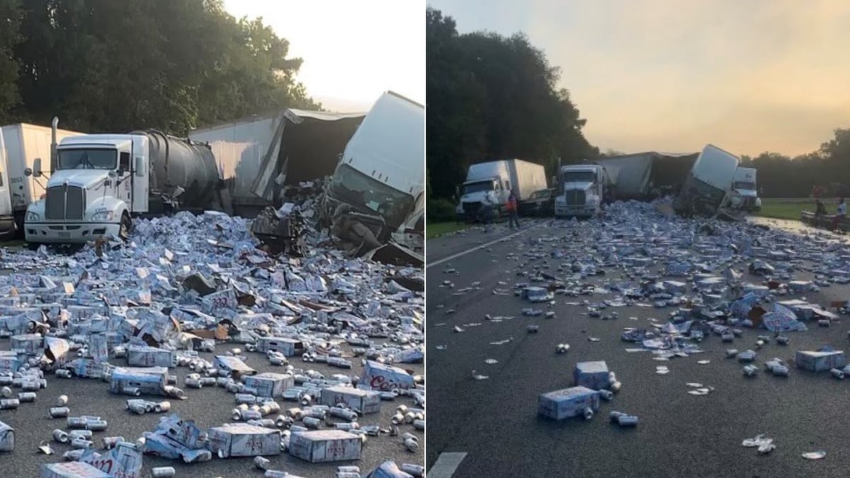 Beer and concrete spilled all over the road in a massive truck crash.