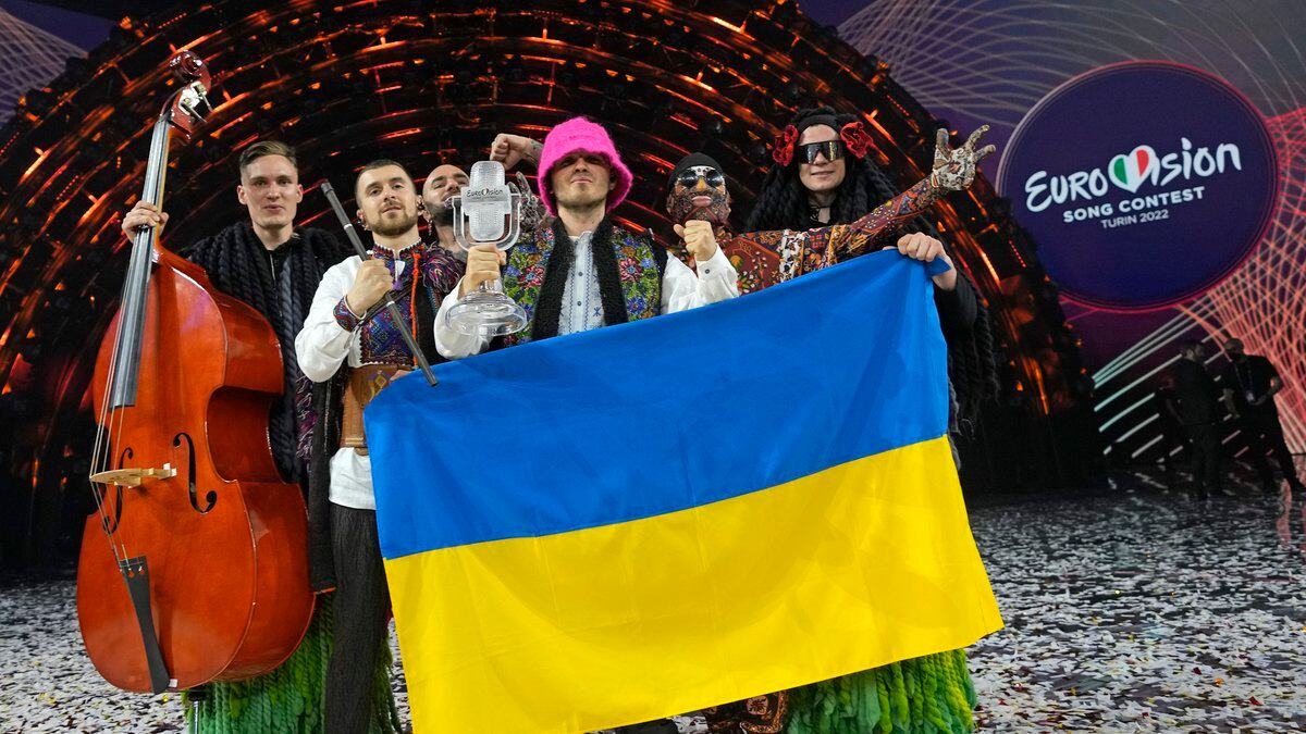Kalush Orchestra from Ukraine celebrate after winning the Grand Final of the Eurovision Song...
