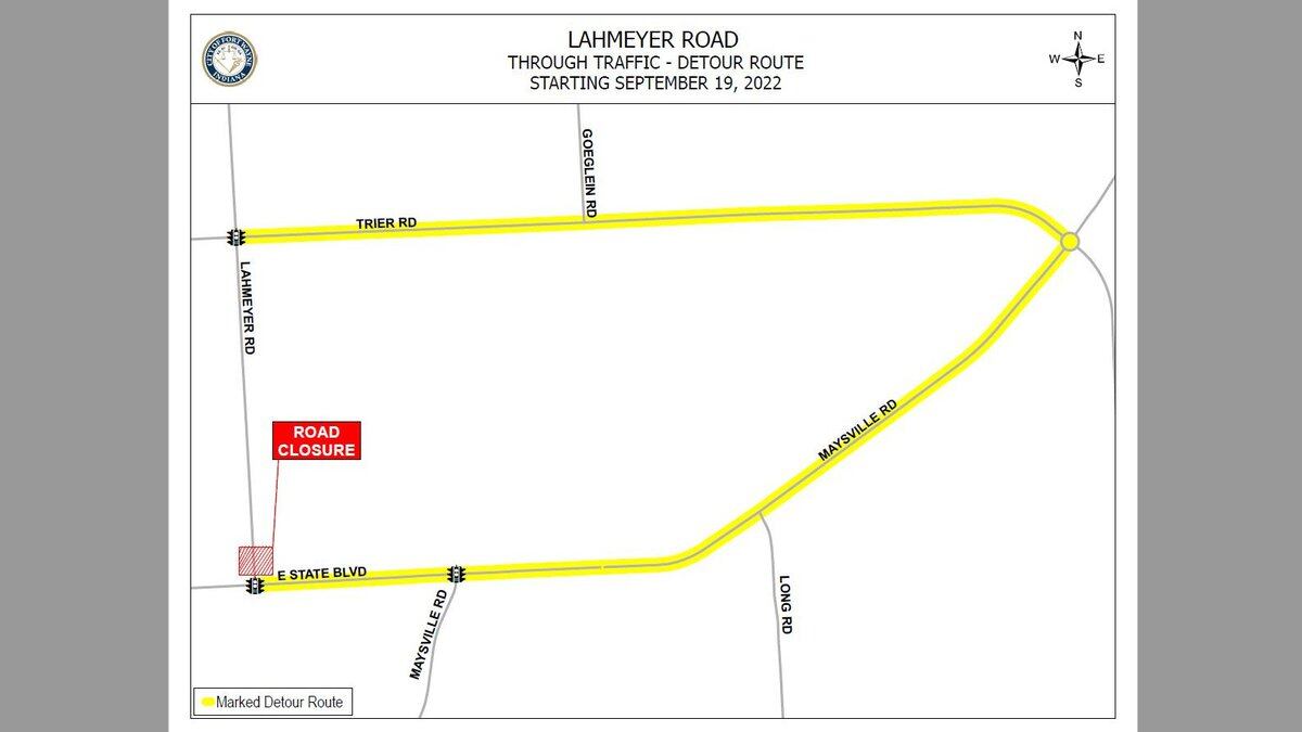 The detour uses East State to Maysville to Trier and back to Lahmeyer Road for northbound...