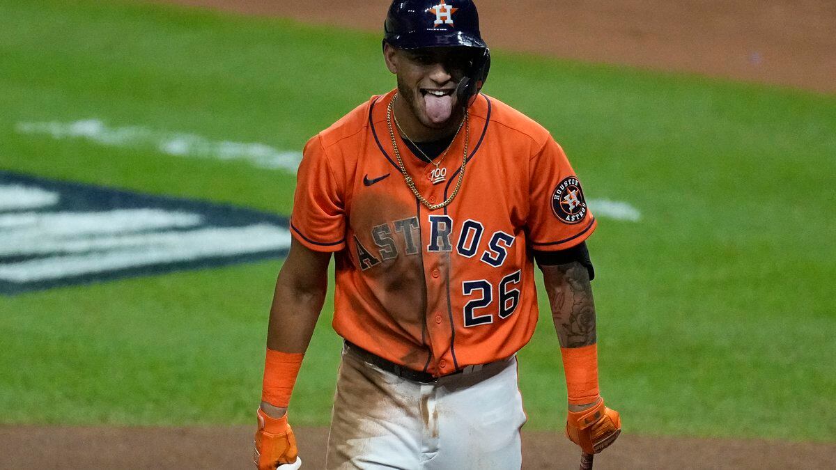 Houston Astros' Jose Siri reacts after striking out during the fourth inning in Game 2 of...