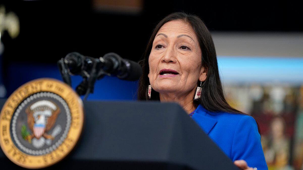 FILE - Interior Secretary Deb Haaland speaks during a Tribal Nations Summit during Native...