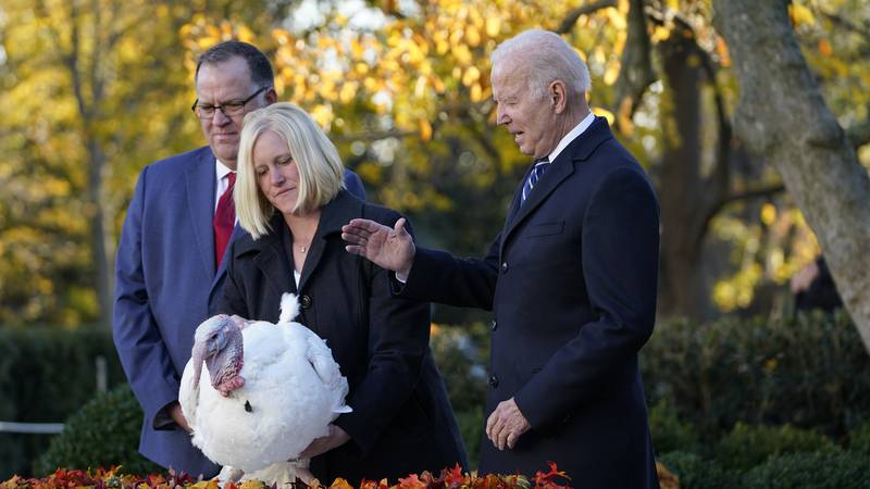 President Joe Biden pardons Peanut Butter, the national Thanksgiving turkey, in the Rose Garden...