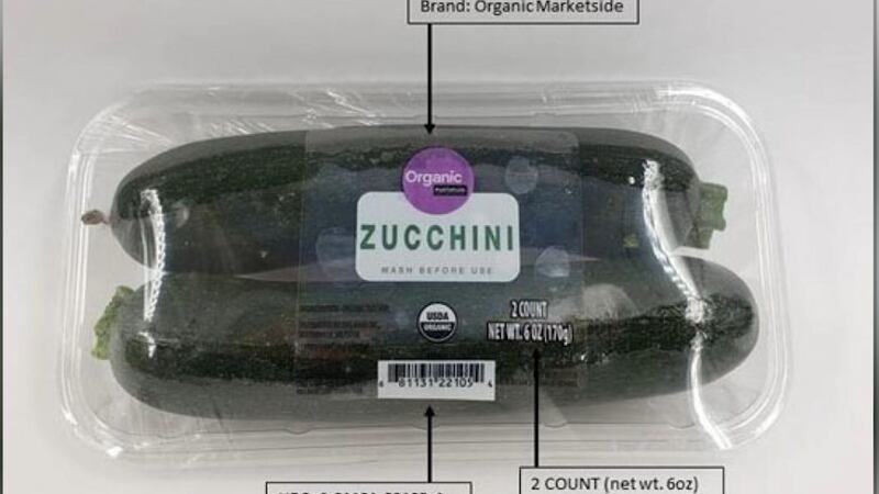 The set of two zucchinis was sold in a clear overwrap tray weighing about 6 ounces with a UPC...