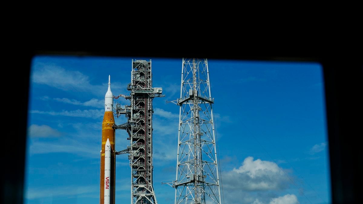 The NASA moon rocket stands on Pad 39B before the Artemis 1 mission to orbit the moon at the...